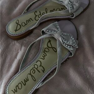 Sam Edelman Light Gray Bow Studded Slide Sandals